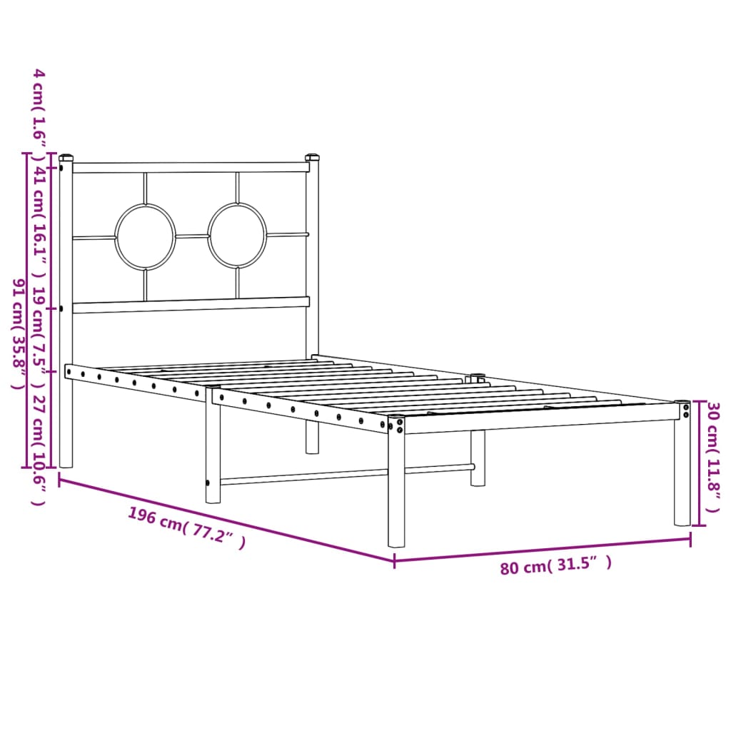 vidaXL Metal Bed Frame without Mattress with Headboard Black 75x190 cm Small Single