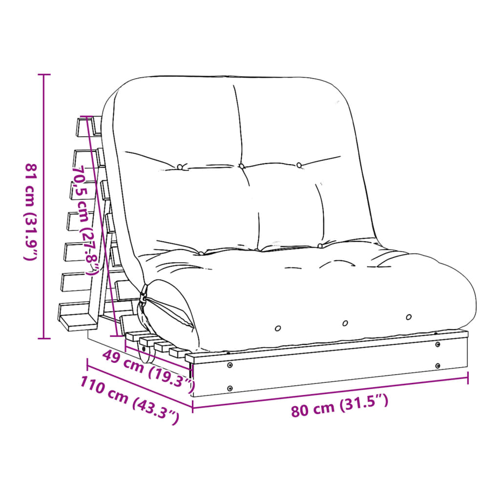 vidaXL Futon Sofa Bed with Mattress 80x206x11 cm Impregnated Wood Pine