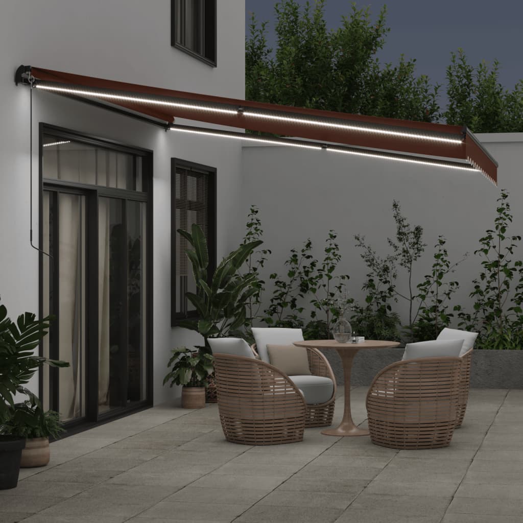 vidaXL Manual Retractable Awning with LEDs Brown 400x350 cm