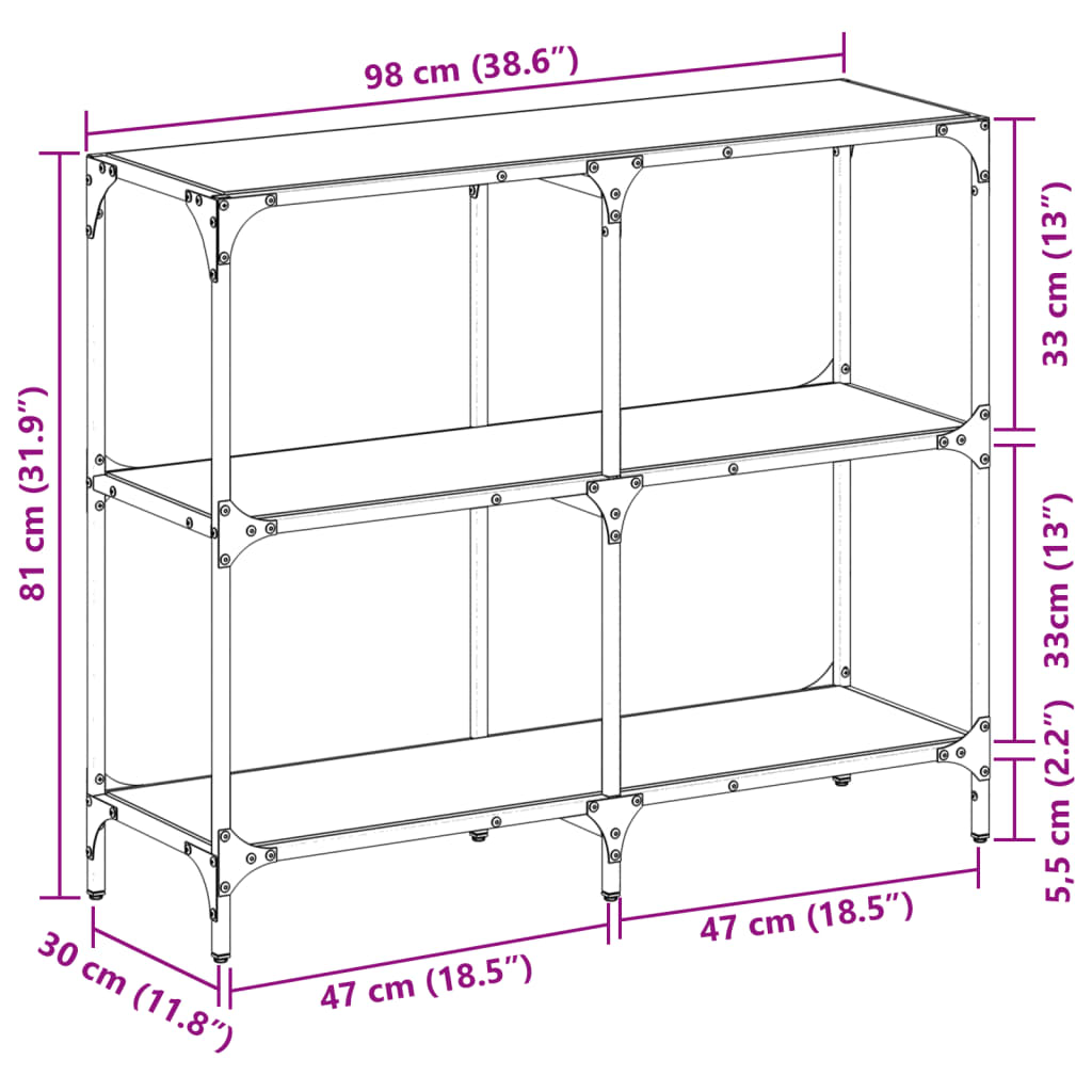 vidaXL Console Table with Transparent Glass Top 98x30x81 cm Steel