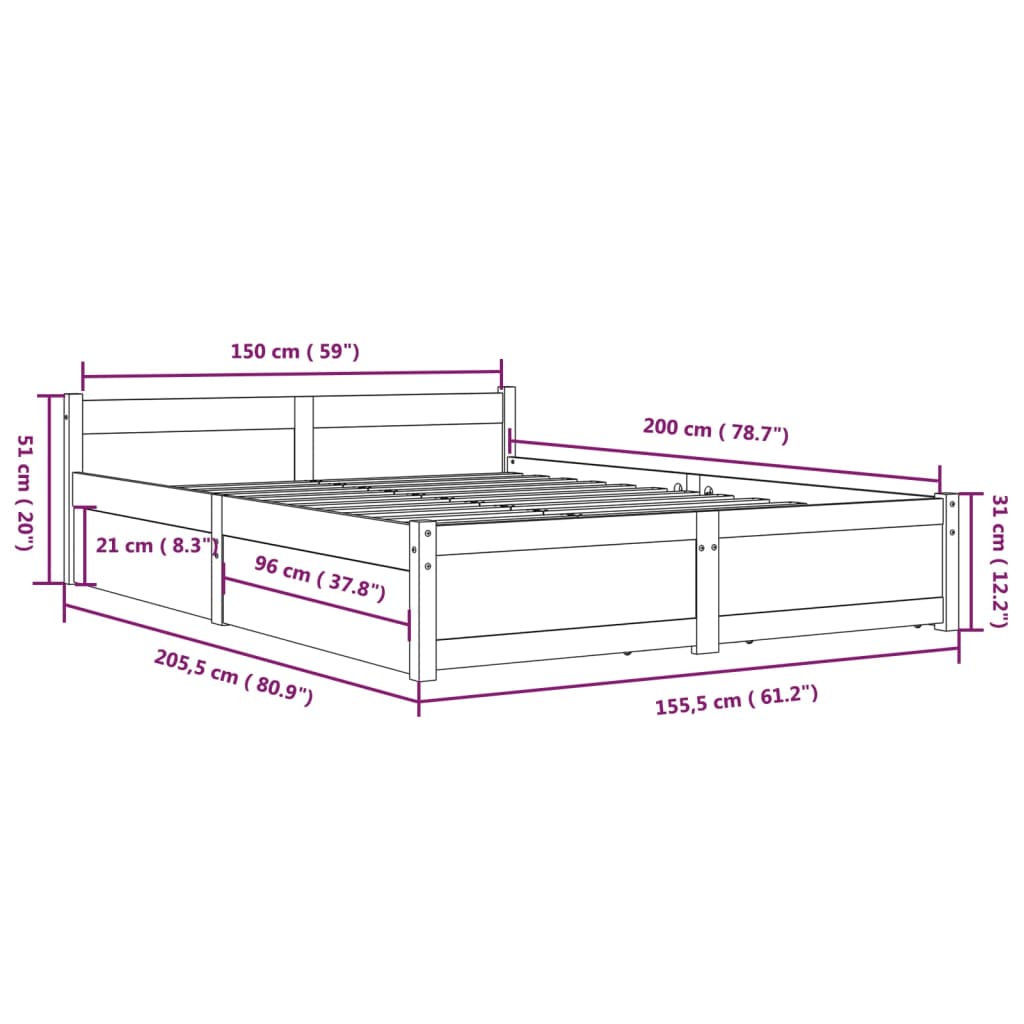 vidaXL Bed Frame without Mattress with Drawers Black King Size