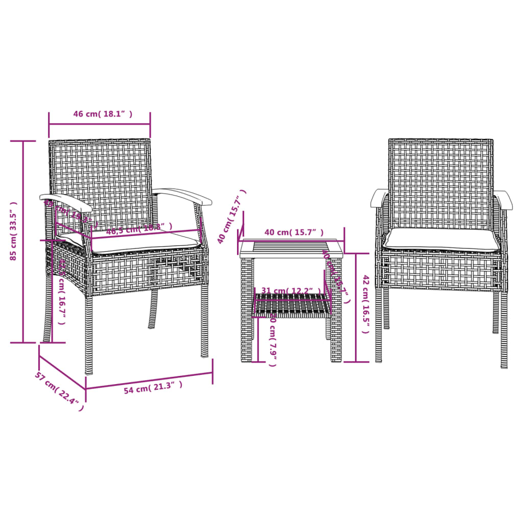 vidaXL 3 Piece Bistro Set with Cushions Black Poly Rattan Acacia Wood