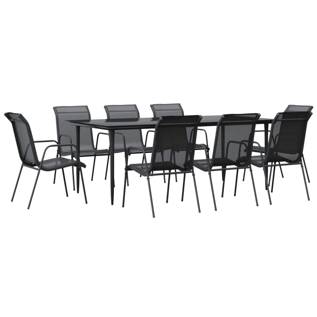 vidaXL 9 Piece Garden Dining Set Black Steel and Textilene