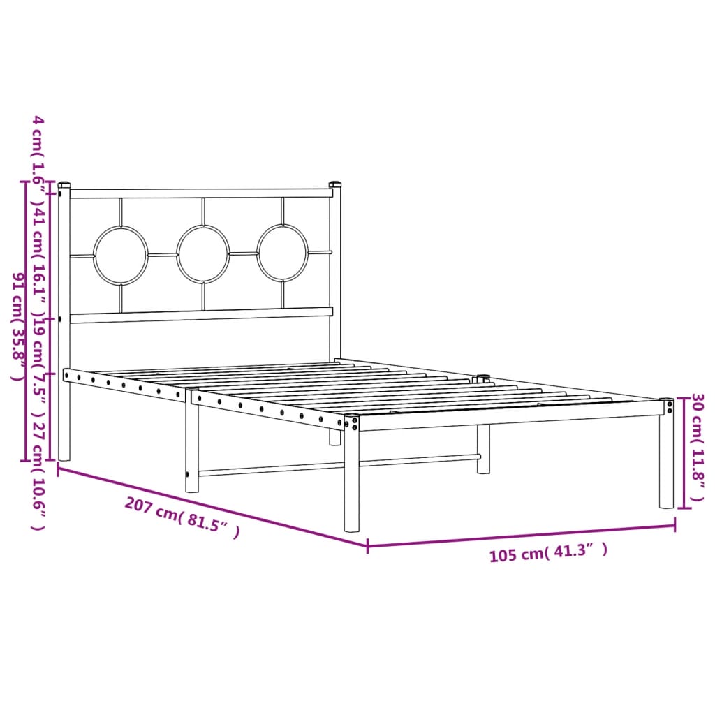 vidaXL Metal Bed Frame without Mattress with Headboard Black 100x200 cm