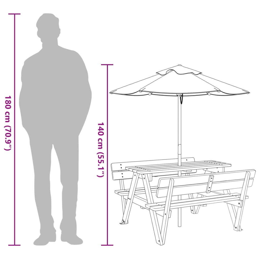 vidaXL Picnic Table for 4 Kids with Umbrella Solid Wood Fir