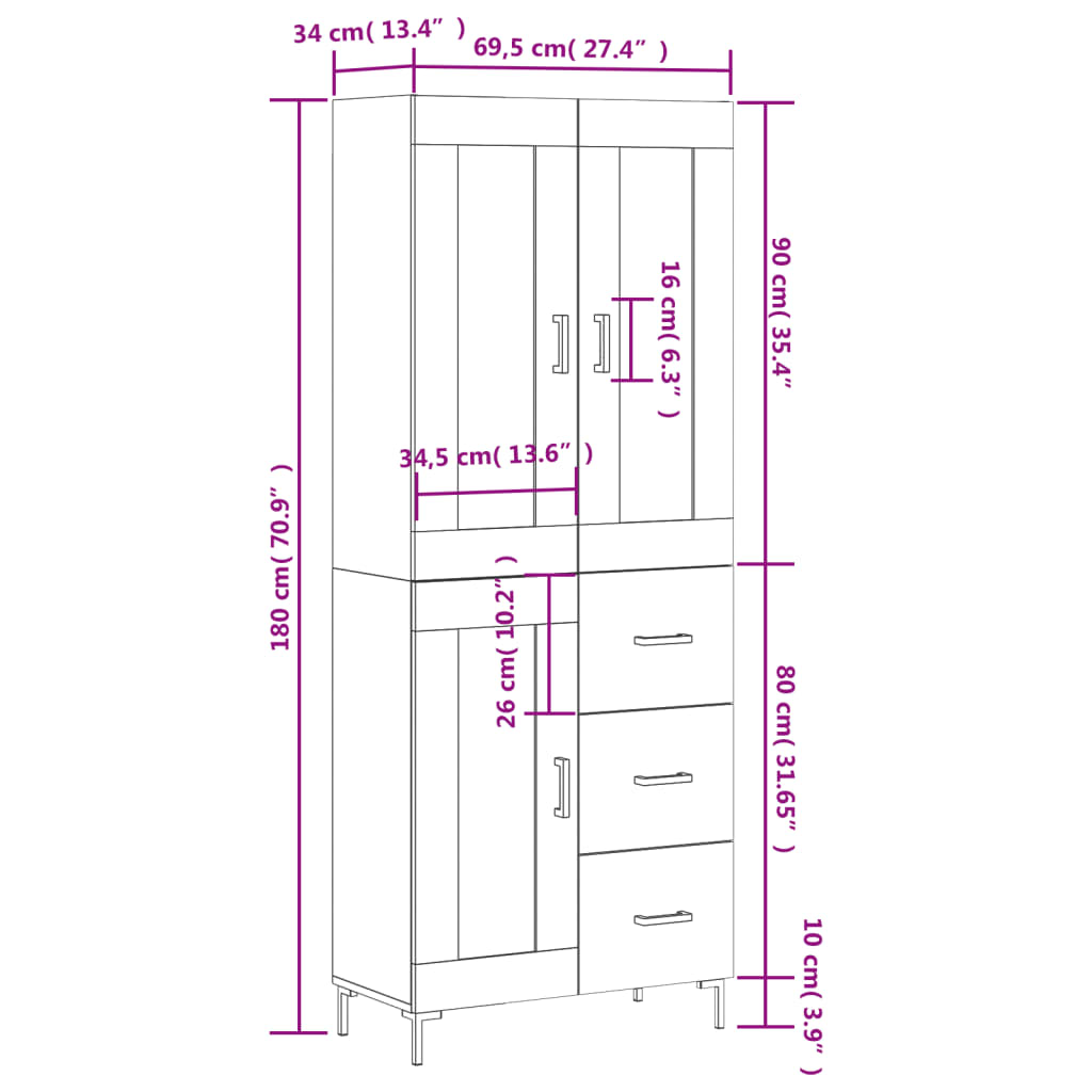 vidaXL Highboard High Gloss White 69.5x34x180 cm Engineered Wood