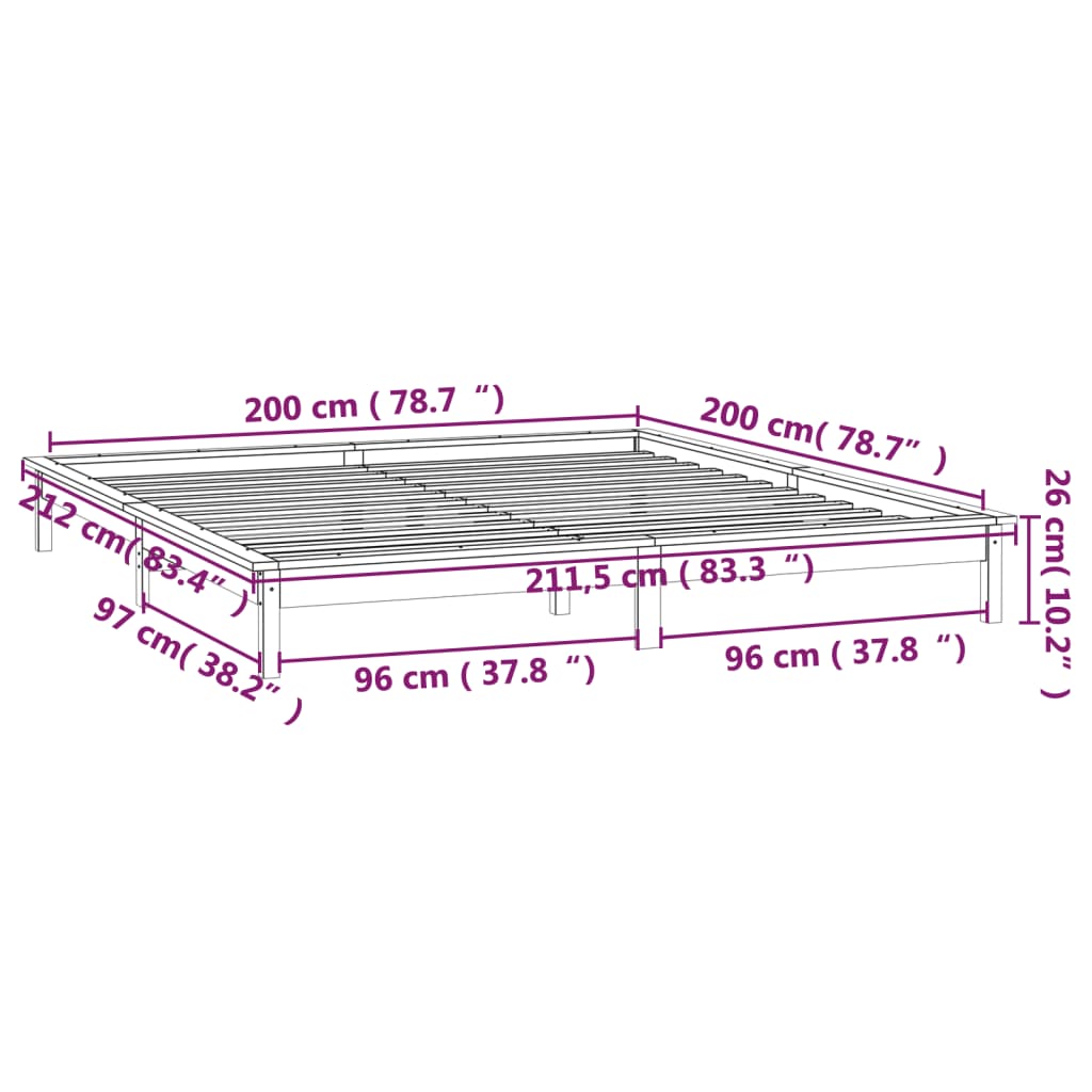 vidaXL LED Bed Frame without Mattress Honey Brown 200x200 cm Solid Wood