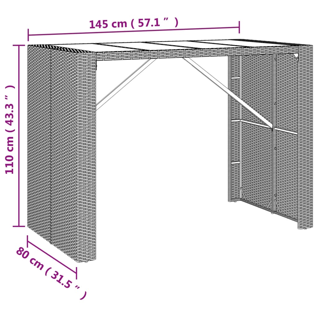 vidaXL Bar Table with Glass Top Grey 145x80x110 cm Poly Rattan