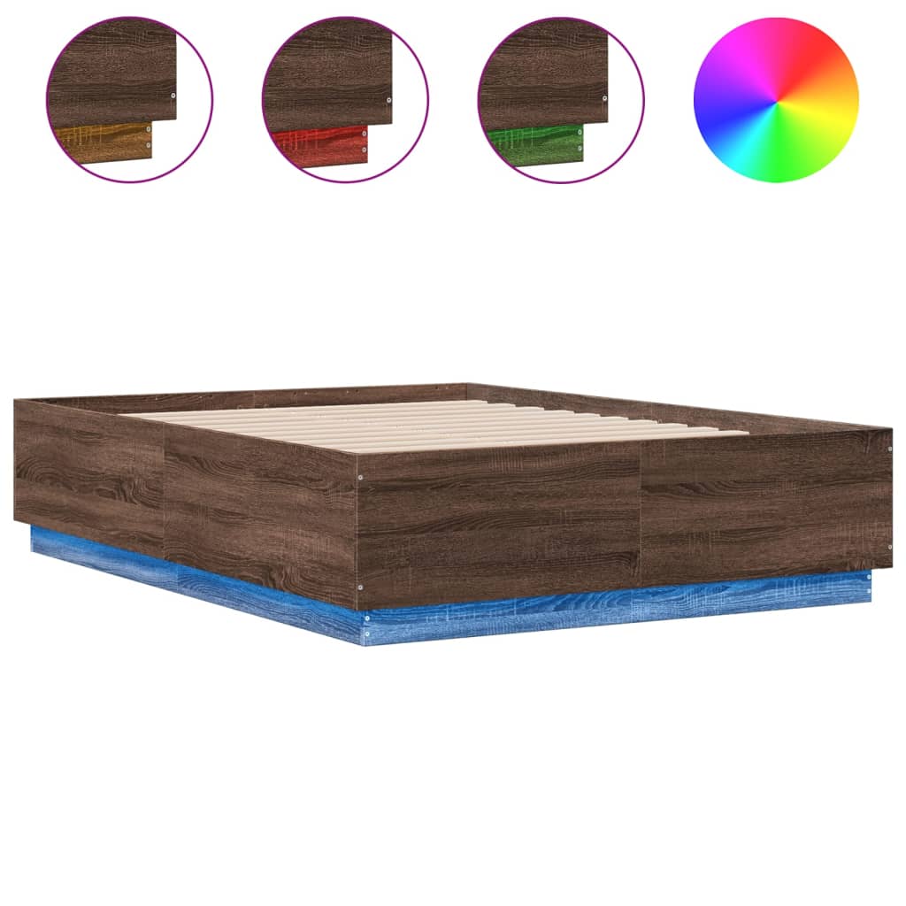 vidaXL Bed Frame with LED without Mattress Brown Oak 135x190 cm Double