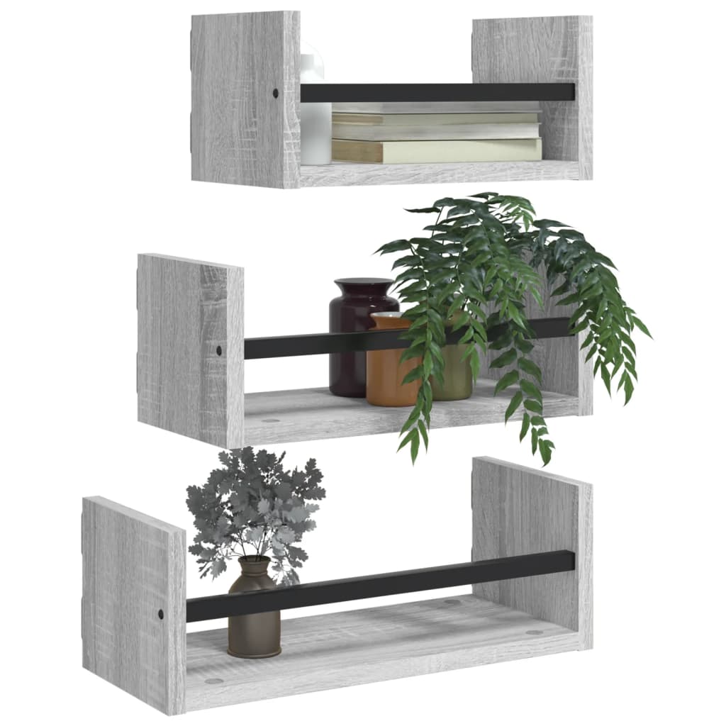 vidaXL 3 Piece Wall Shelf Set with Bars Grey Sonoma Engineered wood