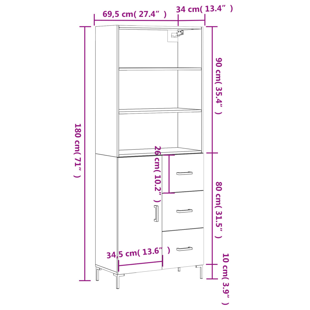 vidaXL Highboard Concrete Grey 69.5x34x180 cm Engineered Wood