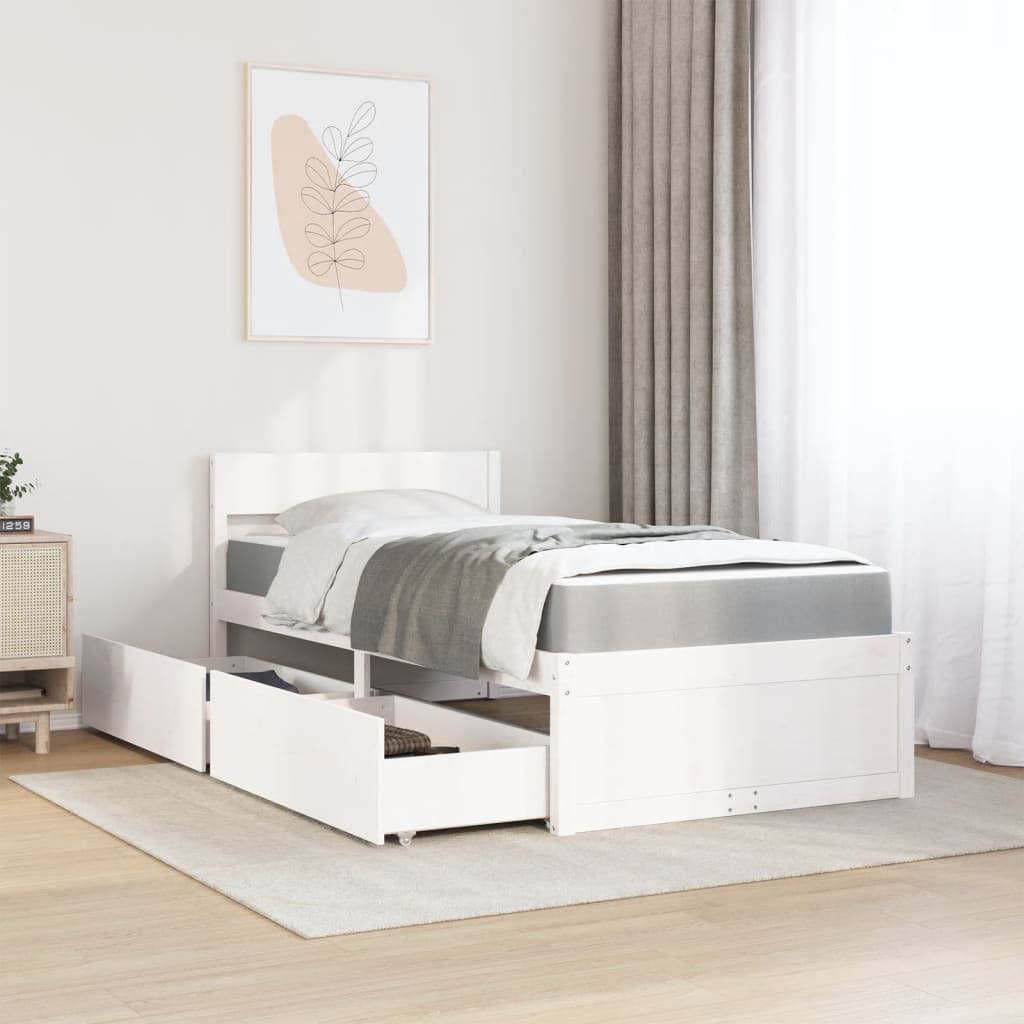 vidaXL Bed with Drawers and Mattress White 90x190 cm Single Solid Wood Pine