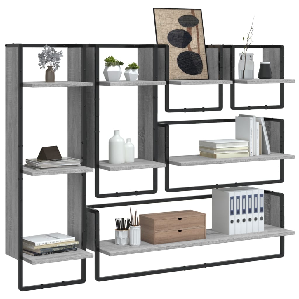 vidaXL 6 Piece Wall Shelf Set with Bars Grey Sonoma Engineered Wood