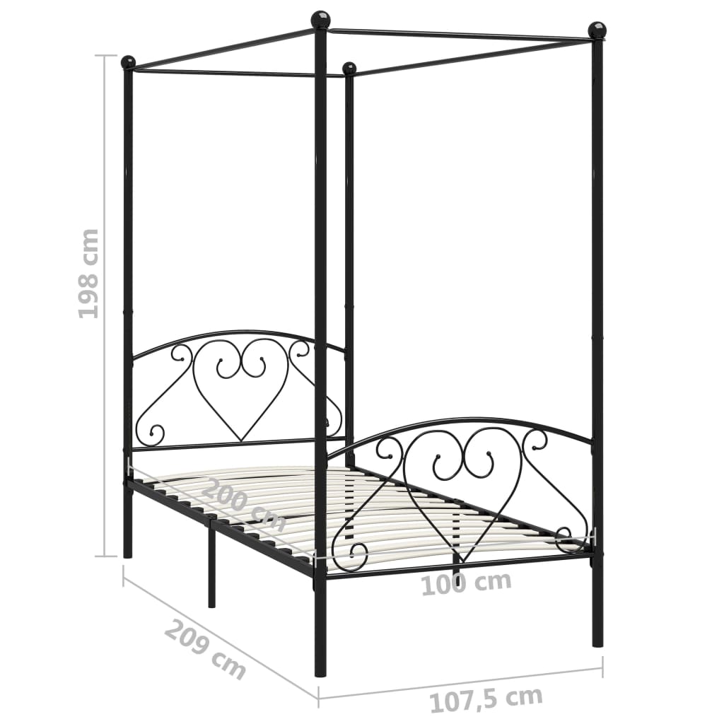 vidaXL Canopy Bed Frame without Mattress Black Metal 100x200 cm