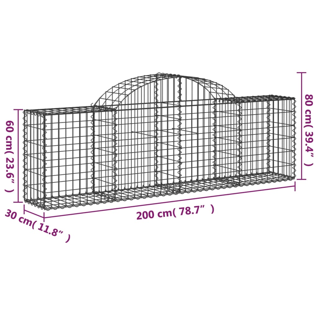 vidaXL Arched Gabion Baskets 4 pcs 200x30x60/80 cm Galvanised Iron