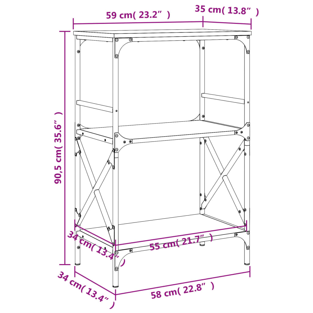 vidaXL Bookcase 3-Tier Black 59x35x90.5 cm Engineered Wood