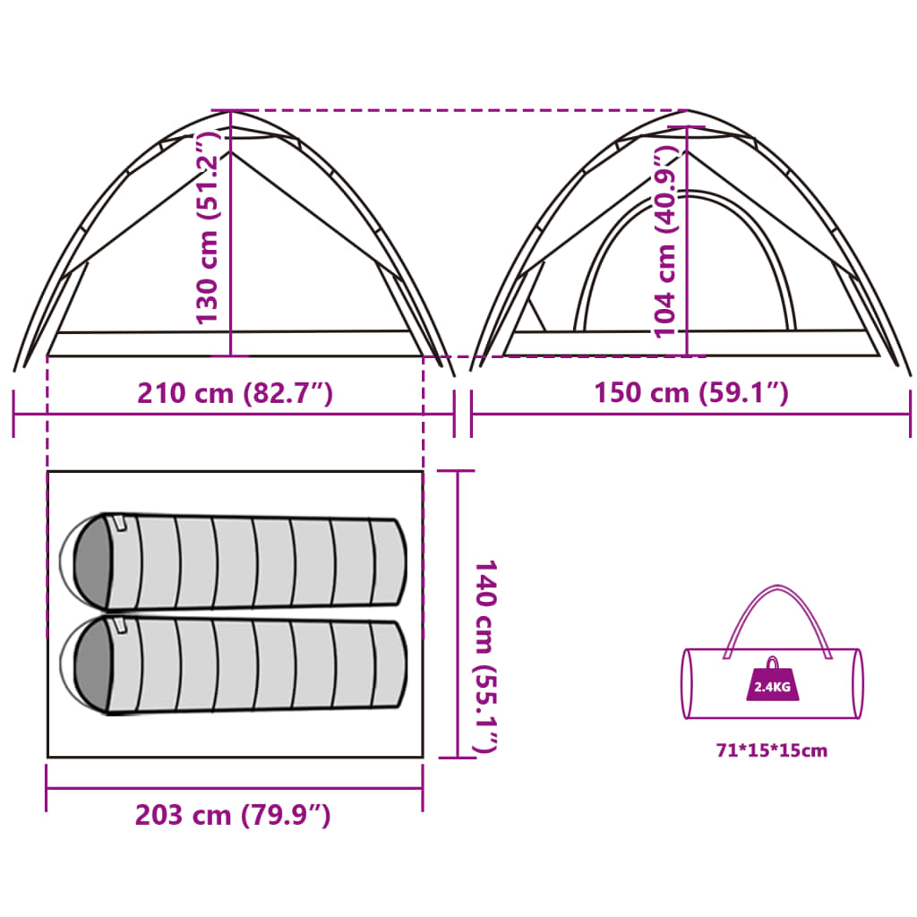 vidaXL Camping Tent Dome 2-Person Green Quick Release