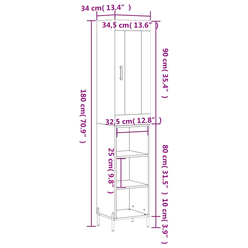 vidaXL Highboard High Gloss White 34.5x34x180 cm Engineered Wood