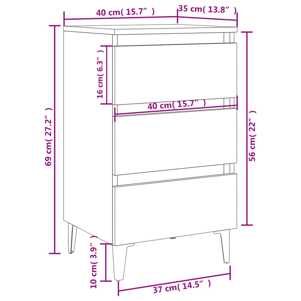 vidaXL Bed Cabinet with Metal Legs 2 pcs Black 40x35x69 cm