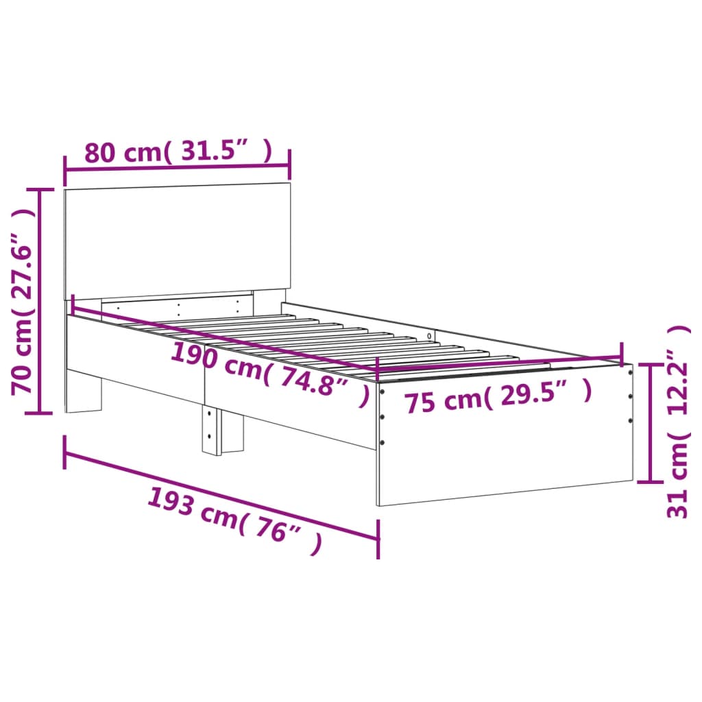 vidaXL Bed Frame without Mattress with LED Lights Brown Oak 75x190 cm Small Single