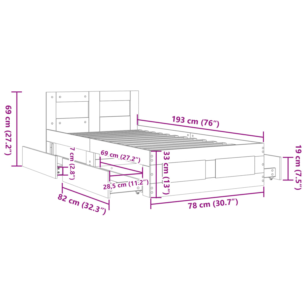 vidaXL Bed Frame with Headboard without Mattress Black 75x190 cm Small Single