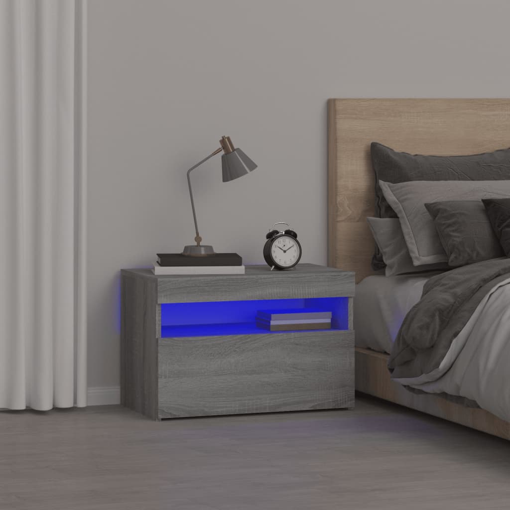 vidaXL Bedside Cabinet with LED Lights Grey Sonoma 60x35x40 cm