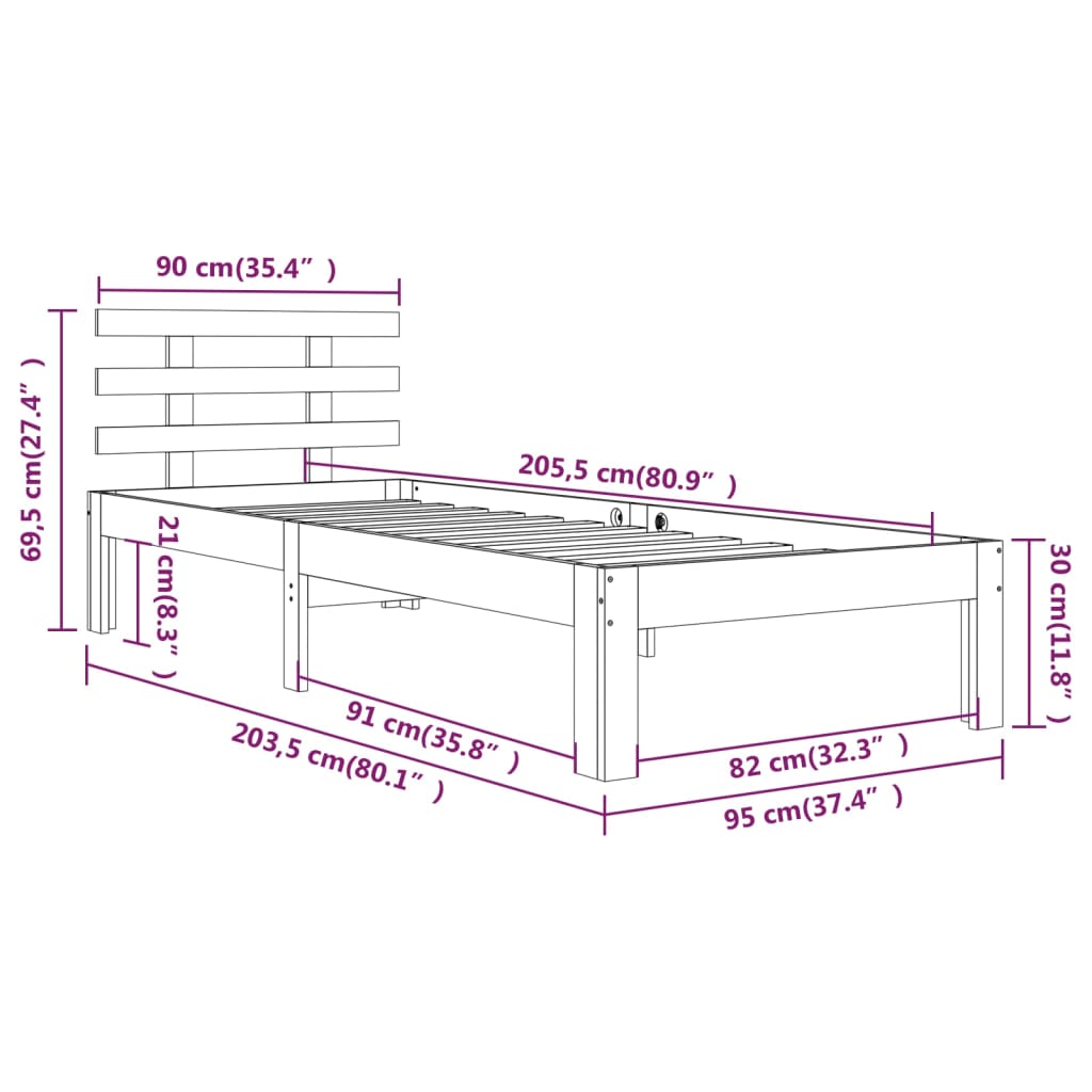 vidaXL Bed Frame without Mattress White Solid Wood 90x200 cm