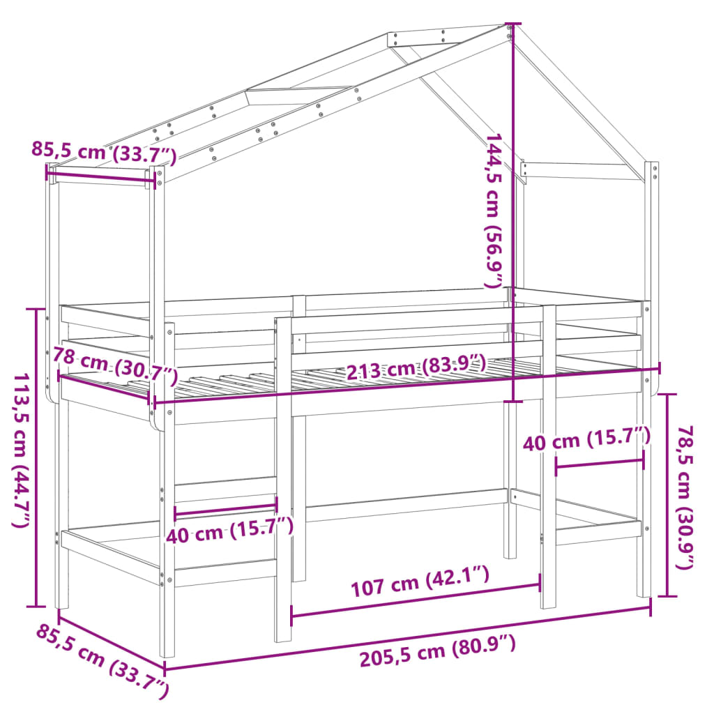 vidaXL Loft Bed with Ladder and Roof without Mattress White 80x200 cm