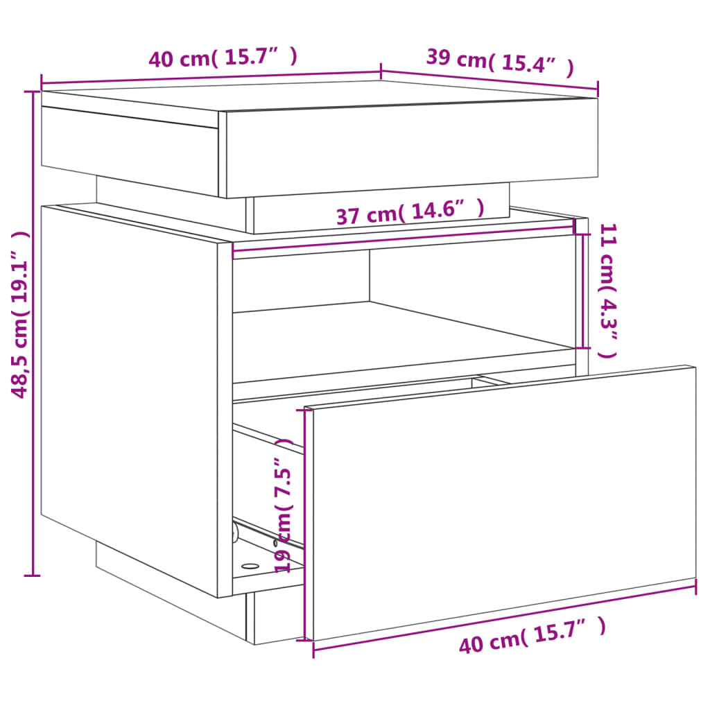 vidaXL Bedside Cabinet with LED Lights Smoked Oak 40x39x48.5 cm