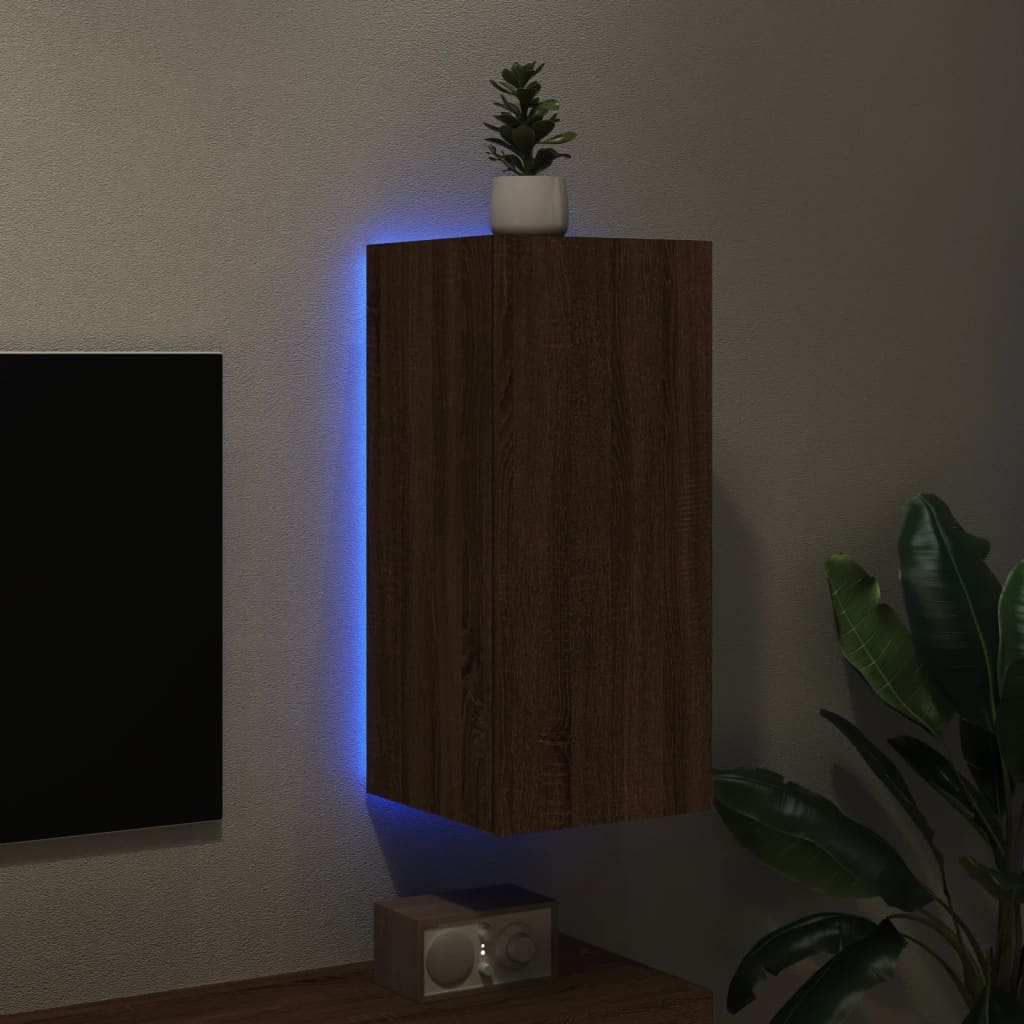 vidaXL TV Wall Cabinet with LED Lights Brown Oak 30.5x35x70 cm