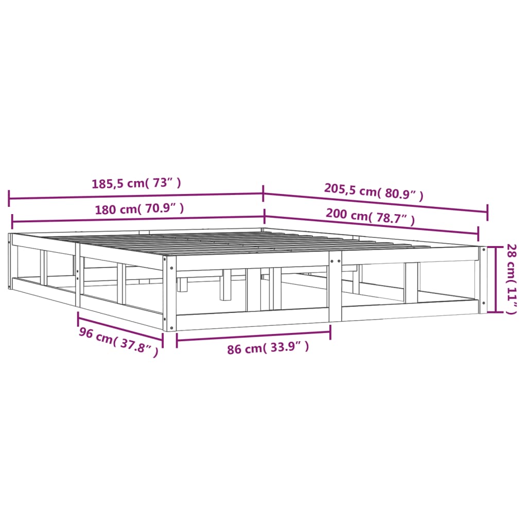 vidaXL Bed Frame without Mattress Black 180x200 cm Super King Solid Wood