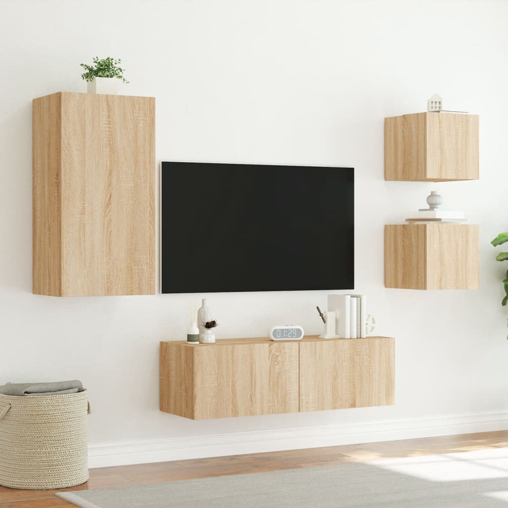 vidaXL 4 Piece TV Wall Cabinets with LED Lights Sonoma Oak