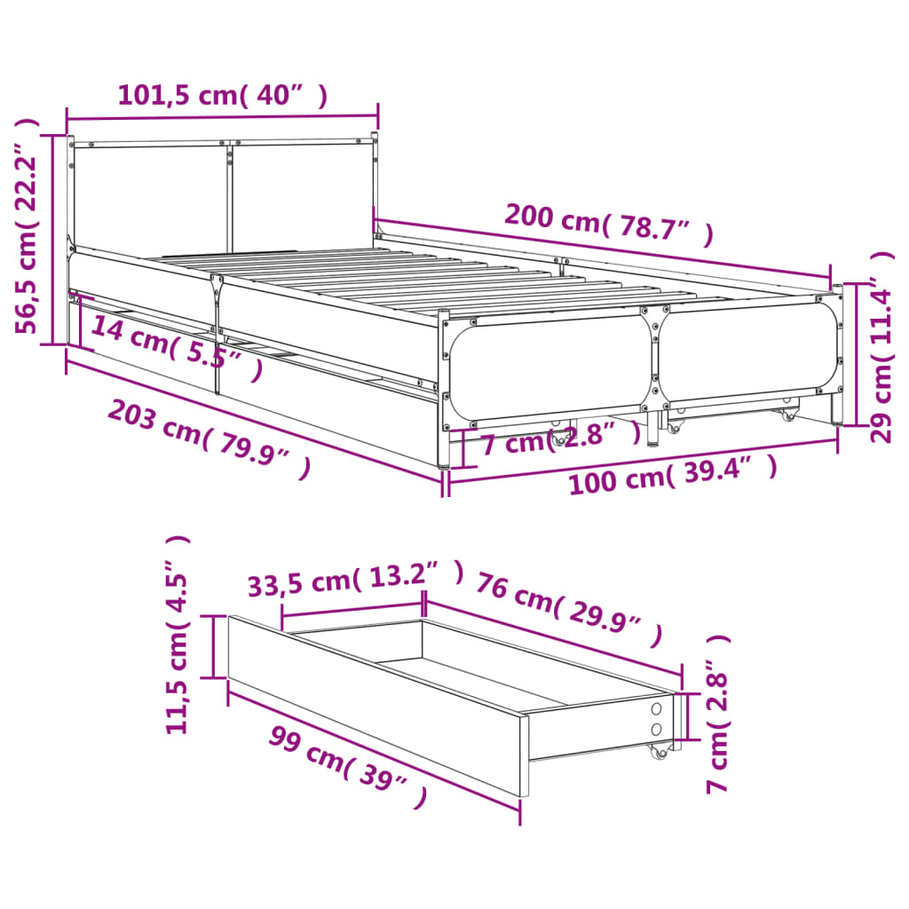 vidaXL Bed Frame with Drawers without Mattress Smoked Oak 100x200 cm