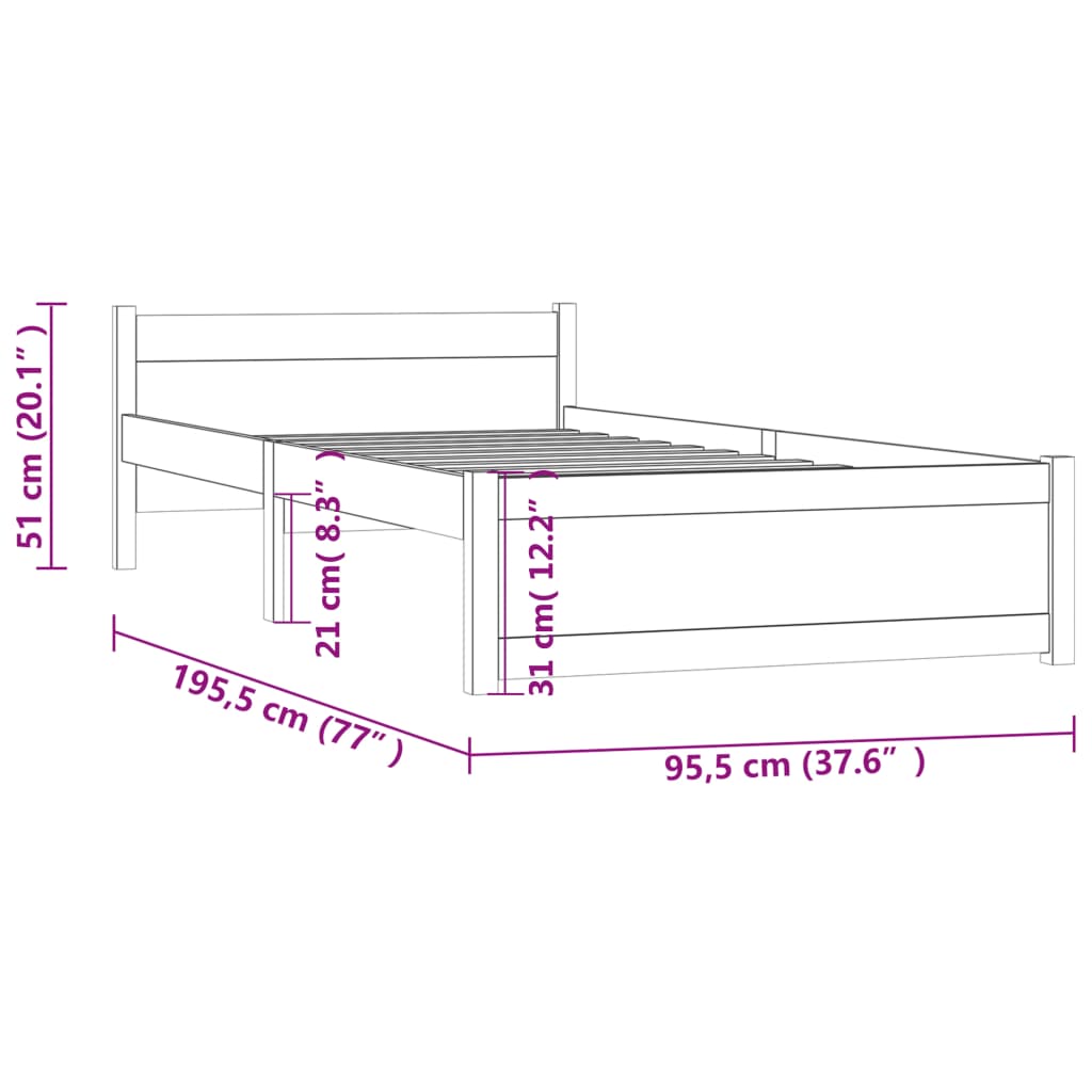 vidaXL Bed Frame without Mattress Honey Brown Solid Wood 90x190 cm Single