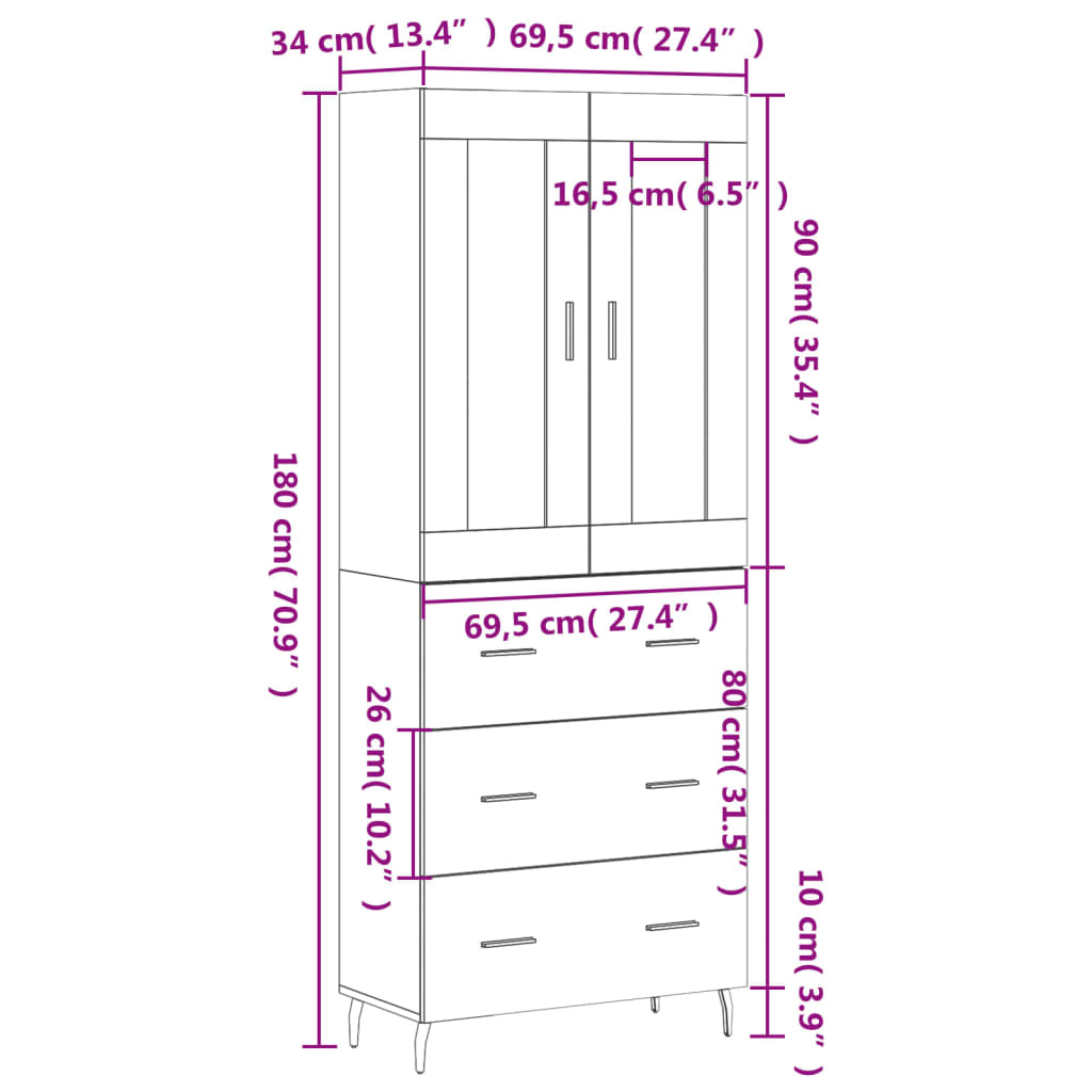 vidaXL Highboard Black 69.5x34x180 cm Engineered Wood