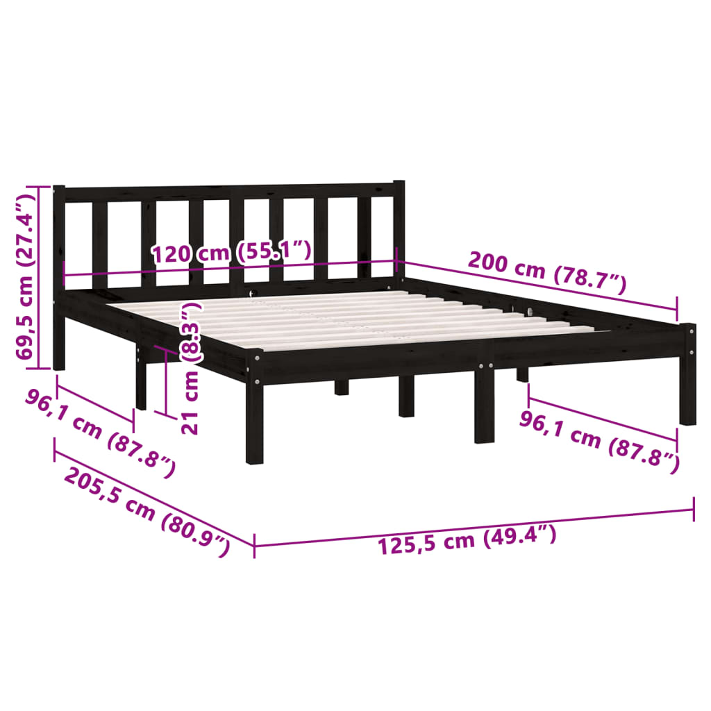 vidaXL Bed Frame without Mattress Black Solid Wood 120x200 cm