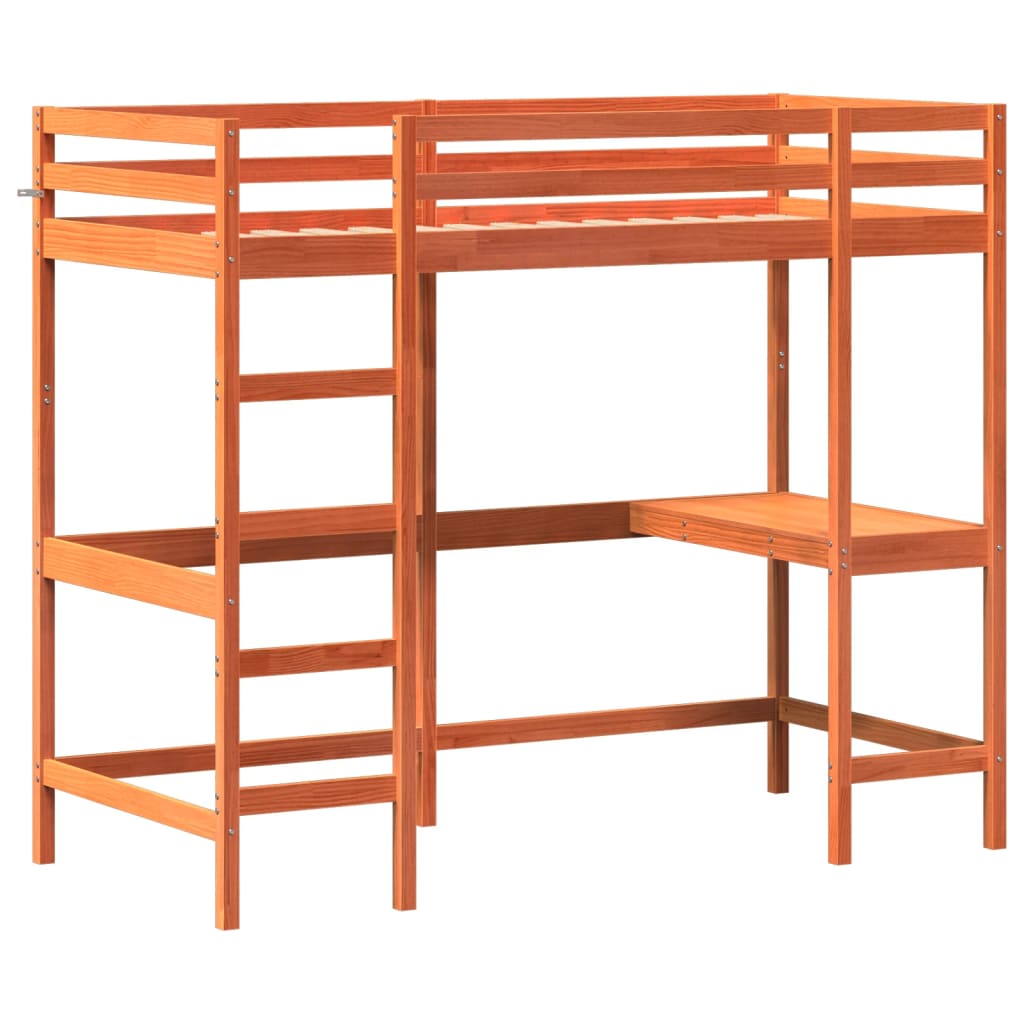 vidaXL Loft Bed with Desk Wax Brown 100x200 cm Solid Wood Pine