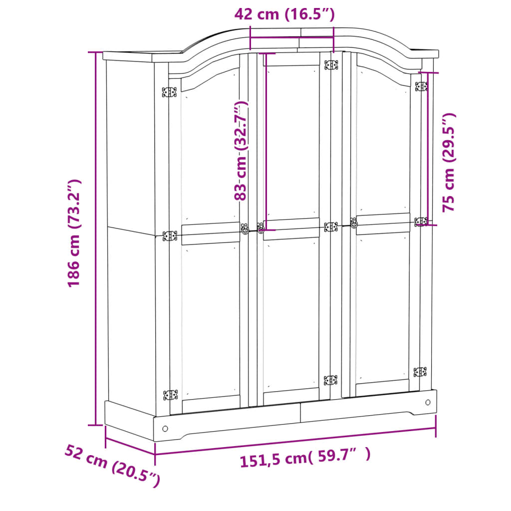 vidaXL Wardrobe Corona 151.5x52x186 cm Solid Wood Pine