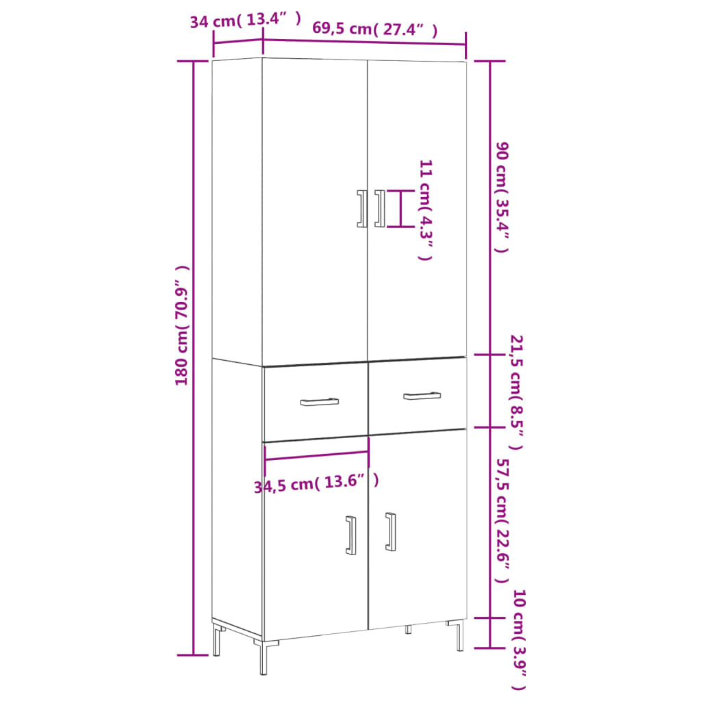 vidaXL Highboard Concrete Grey 69.5x34x180 cm Engineered Wood