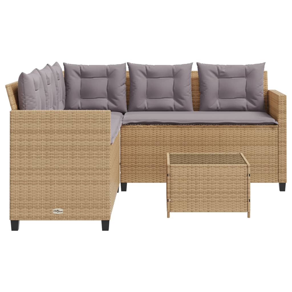 vidaXL Garden Sofa with Table and Cushions L-Shaped Beige Poly Rattan