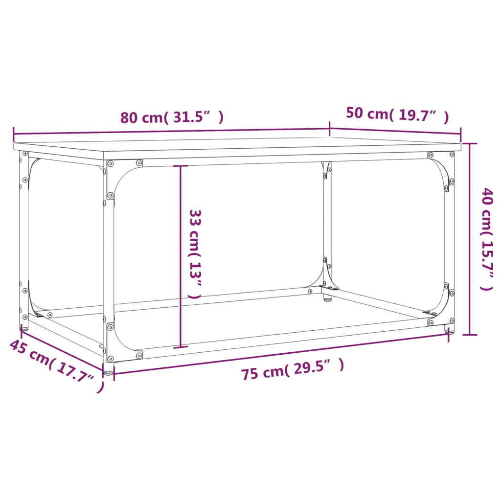 vidaXL Coffee Table Grey Sonoma 80x50x40 cm Engineered Wood and Iron