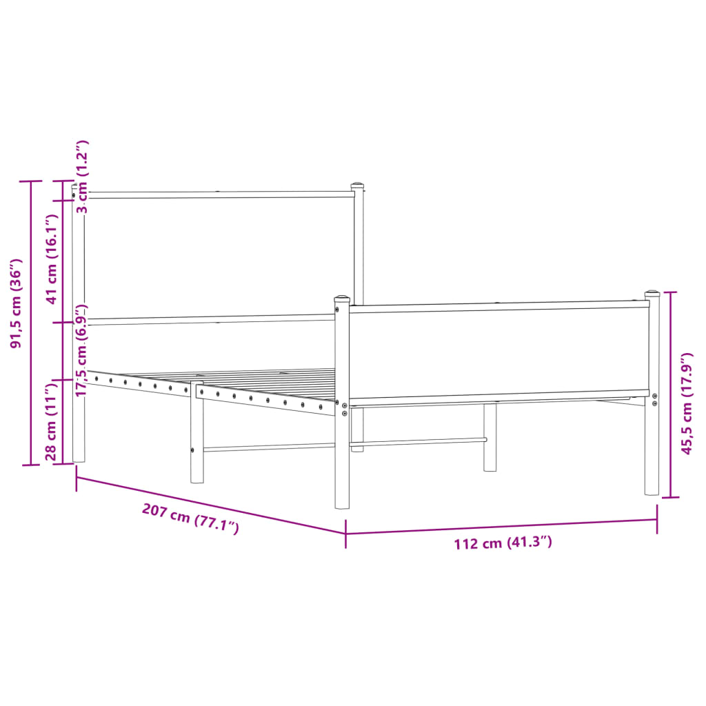 vidaXL Metal Bed Frame without Mattress Brown Oak 107x203 cm