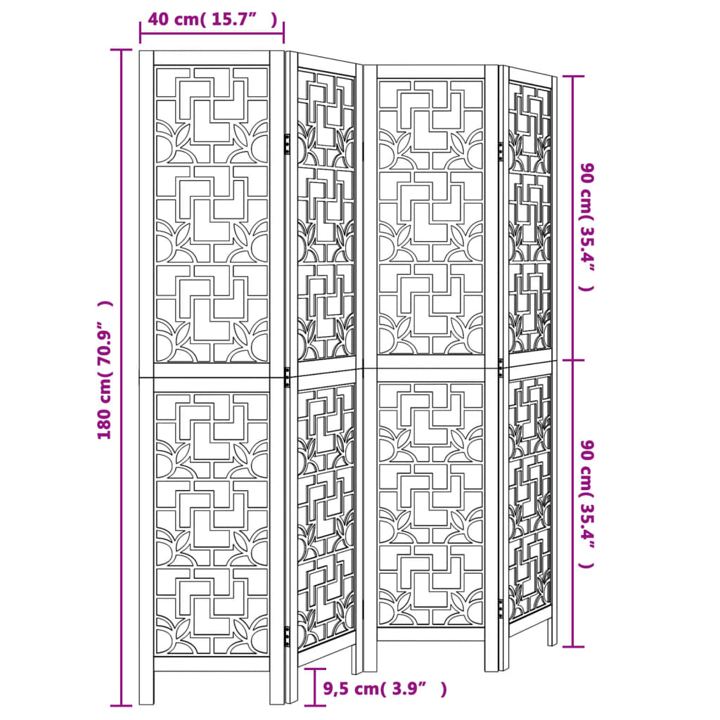 vidaXL Room Divider 4 Panels Brown Solid Wood Paulownia