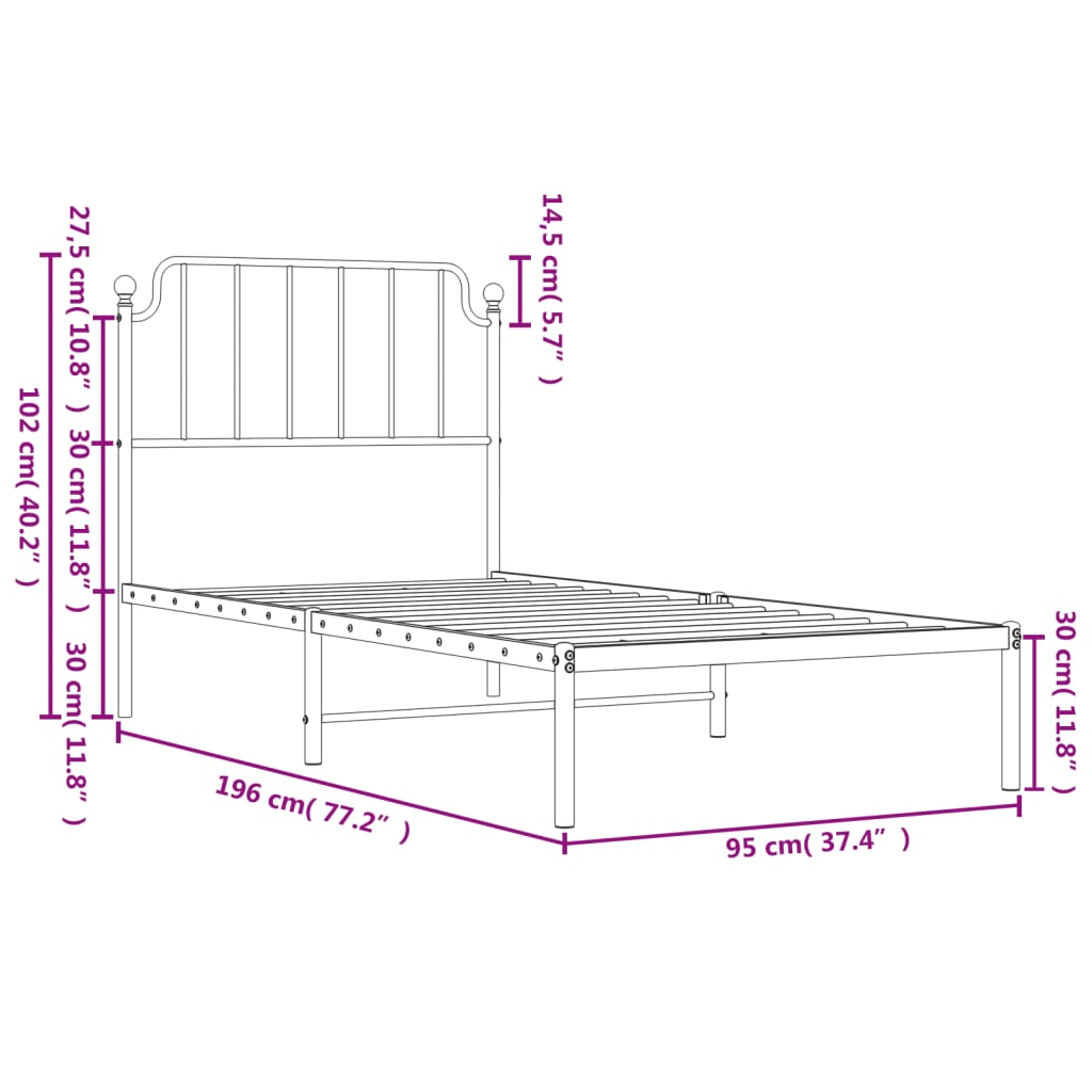 vidaXL Metal Bed Frame without Mattress with Headboard White 90x190 cm Single