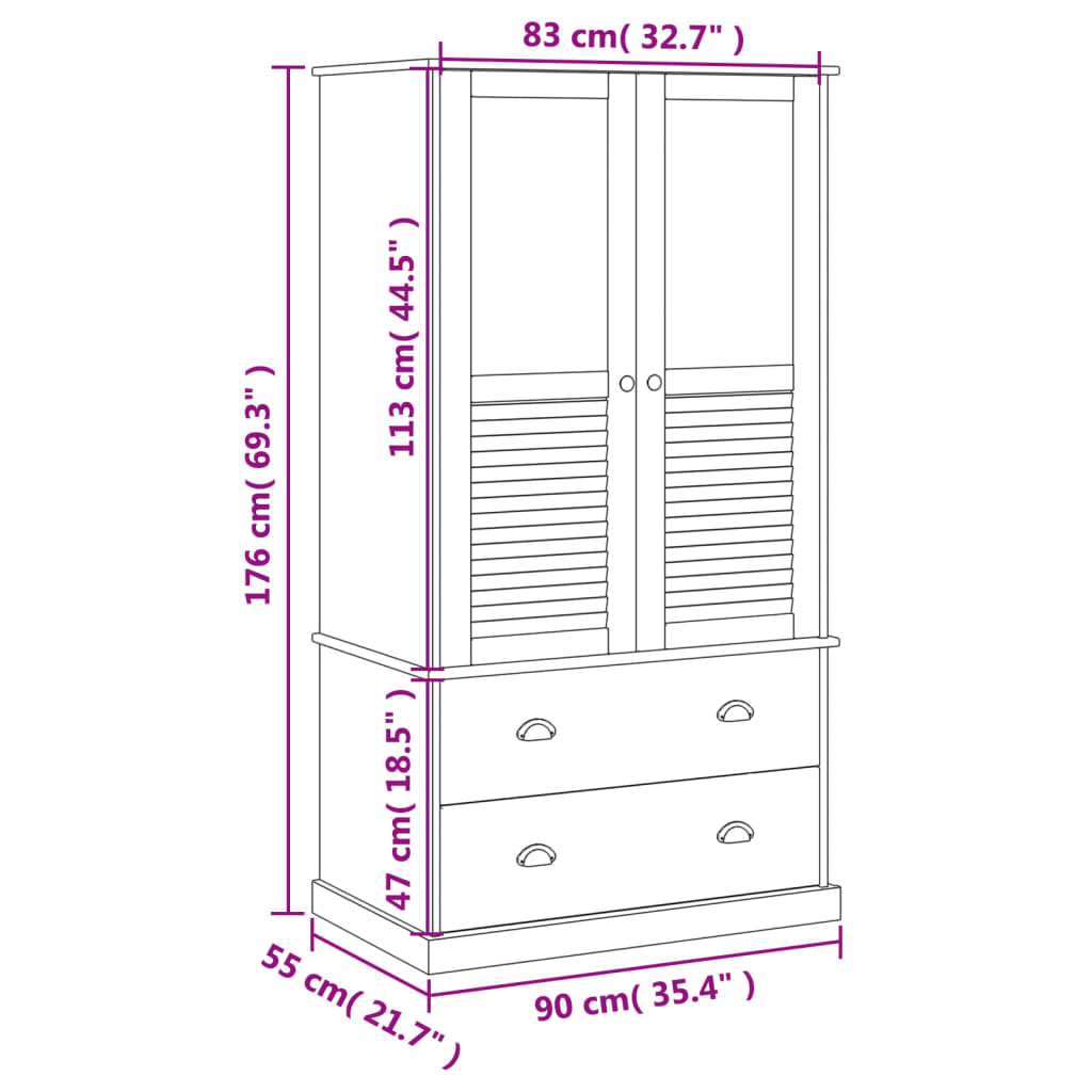 vidaXL Wardrobe VIGO White 90x55x176 cm Solid Wood Pine