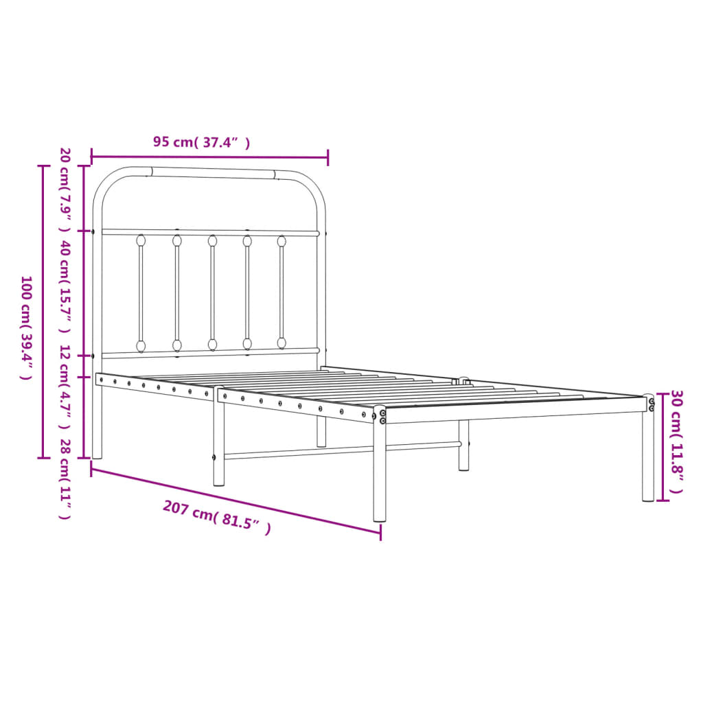 vidaXL Metal Bed Frame without Mattress with Headboard Black 90x200 cm