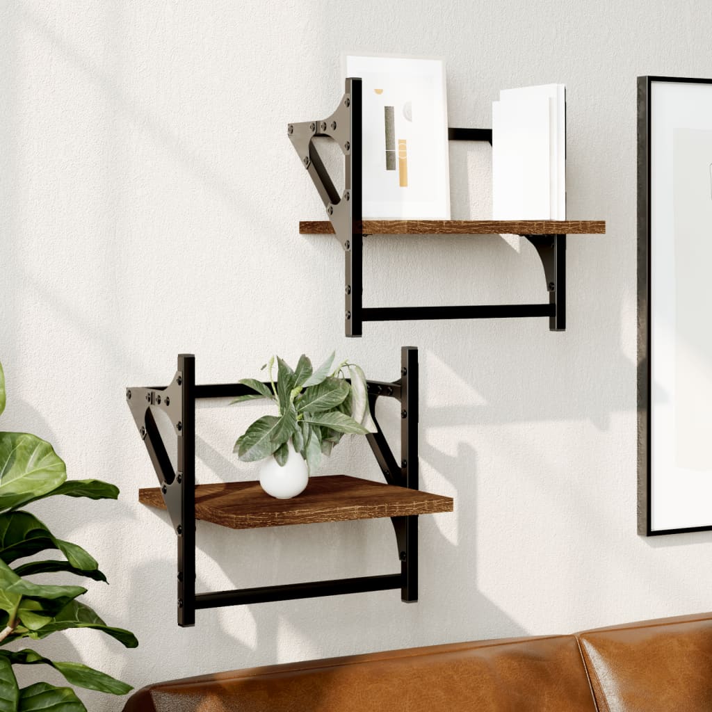 vidaXL Wall Shelves with Bars 2 pcs Brown Oak 30x25x30 cm