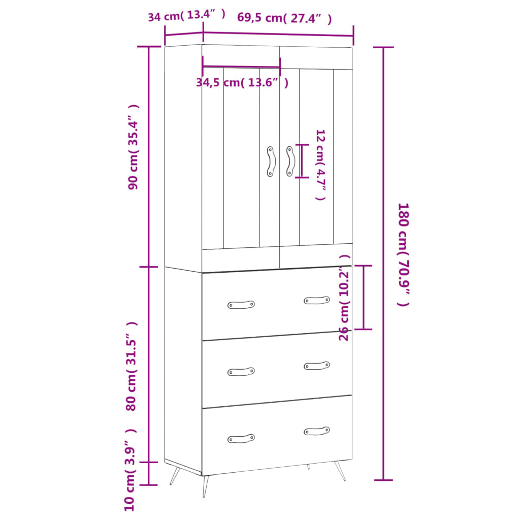 vidaXL Highboard Concrete Grey 69.5x34x180 cm Engineered Wood