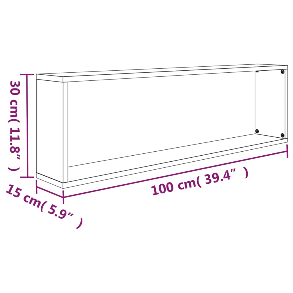 vidaXL Wall Cube Shelves 2 pcs Grey Sonoma 100x15x30 cm Engineered Wood