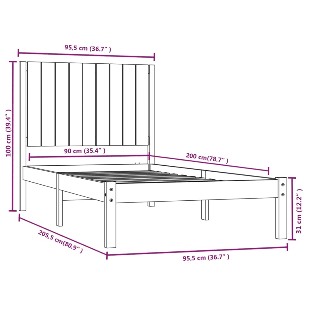 vidaXL Bed Frame without Mattress Grey 90x200 cm Solid Wood Pine